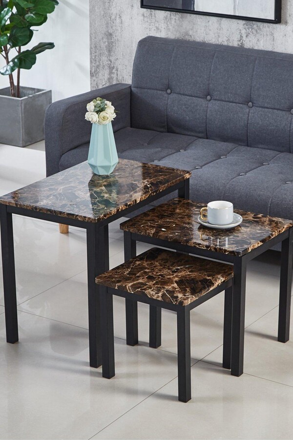 Modernique Gloss Finish MDF Marble Effect Top Nest of 3 Table Sets