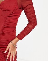 Thumbnail for your product : ASOS Maternity ASOS DESIGN Maternity mesh sleeve ruched midi dress in red