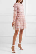 Thumbnail for your product : Needle & Thread Think Of Me Sequined Shirred Floral-print Tulle Mini Dress