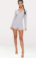 Thumbnail for your product : PrettyLittleThing Grey Marl Ribbed Button Detail PJ Romper