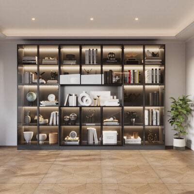 Hokku Designs 110 '' W Black Combination Bookcase With Glass Doors And Led Lights Display Cabin With 5-tier Shelveset