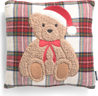 18x18 Plaid Applique Teddy Bear Pillow | Polyester/Acrylic