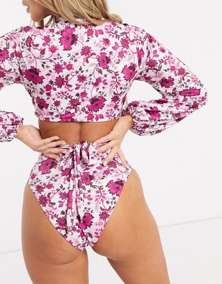 ASOS DESIGN glam tie front cut out sleeved swimsuit in floral print