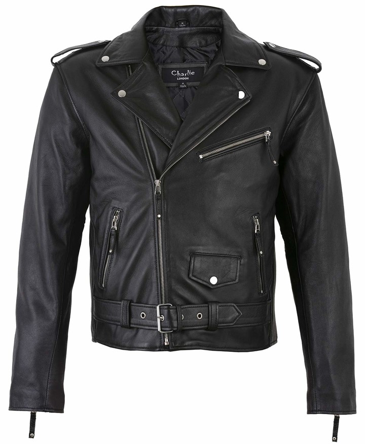 Charlie London Men's Belted Cross Zip Brando Biker Brown Leather Jacket ...