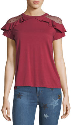 RED Valentino Cotton T-shirt w/ Ruffle-Trimmed Point d'Esprit Shoulders