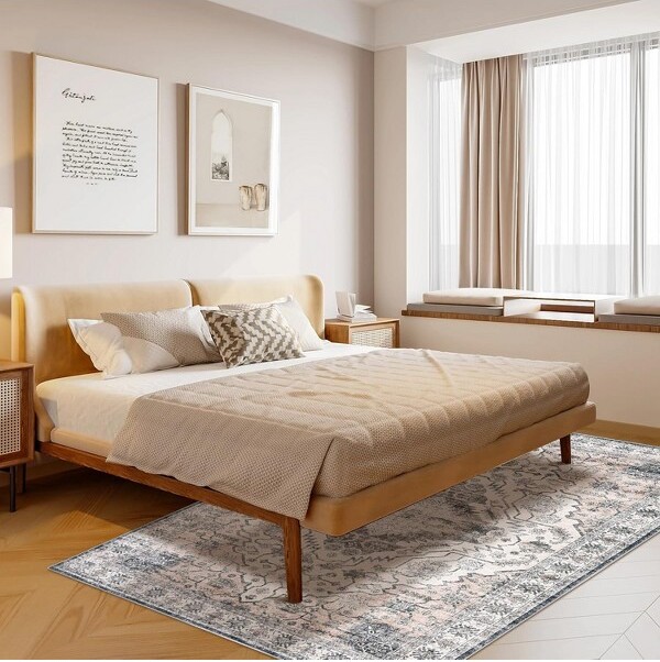 Fulvari WashableAreaRug,VintageFloralPrintDistressedCarpet,Non-SlipLowPileMat,SoftThinFloorCoverforOfficeBedroomLivingRoom,Beige9*12ft