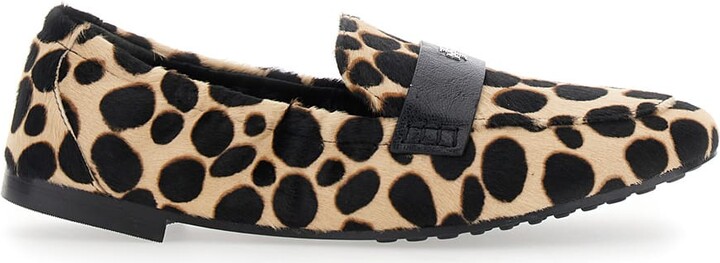 Beige Loafers With Front Logo And Animal Print In Leather Woman