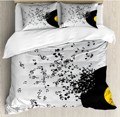 Ambesonne Music Duvet Cover Set Flying Notes Album Dance Calking Yellow Black Ivory
