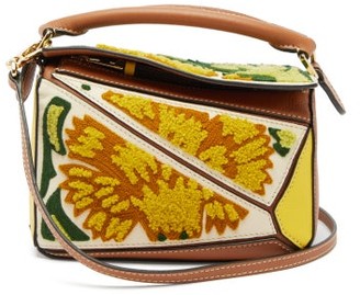 Loewe Puzzle Mini Floral-embroidered Leather Bag - Yellow Multi
