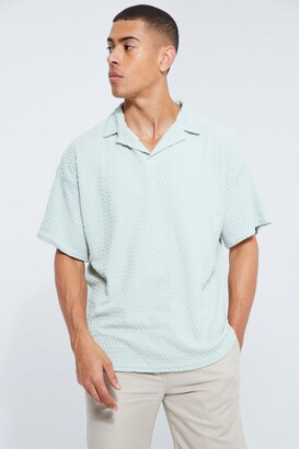 boohoo Mens Green Oversized Textured Jersey Revere Polo - ShopStyle