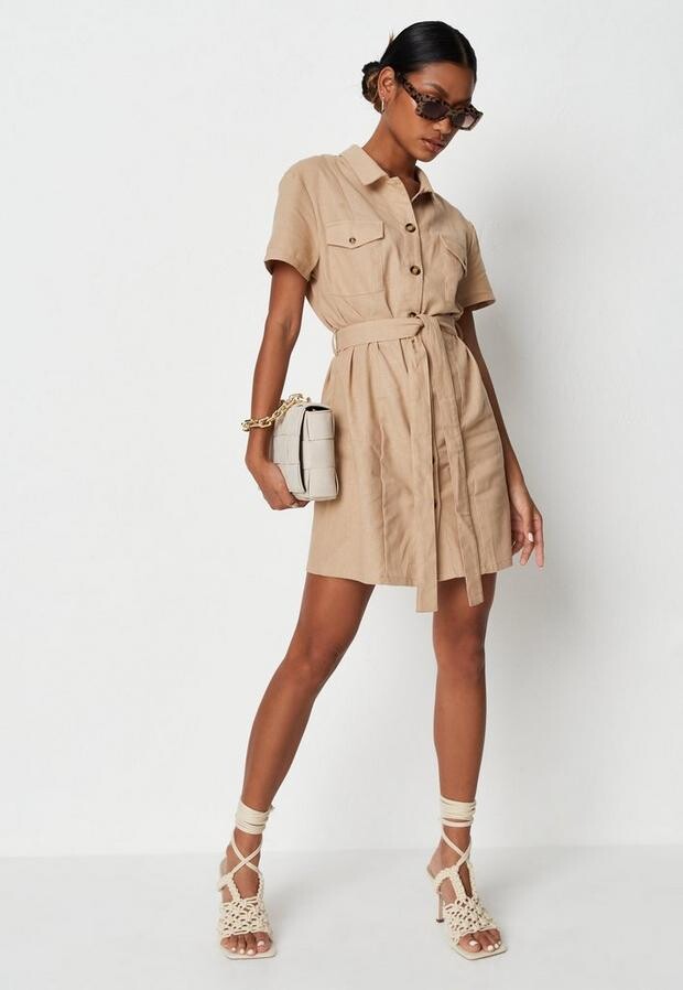 Missguided Stone Linen Mix Belted 
