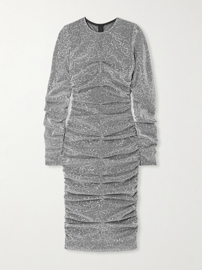 Dolce & Gabbana - Ruched Sequined Metallic Stretch-tulle Midi Dress - Silver