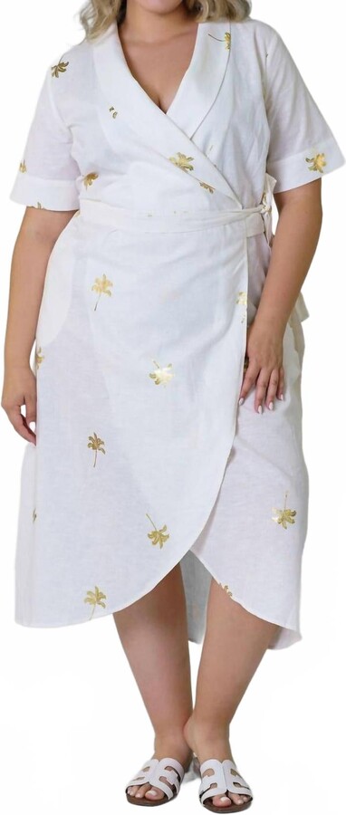 Cotton Linen Brooklyn Midi Dress - Plus In White With Gold Palms