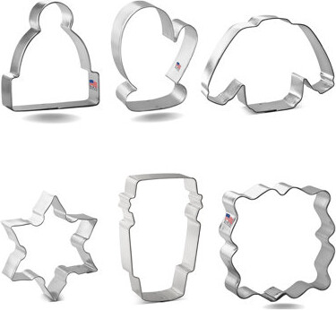 Cookiecutter.Com 6 Piece Winter Cozy Night Cookie Cutter Set Snowflake, Sweater, Beanie Hat Stocking Cap, Latte Cup, Mitten, Fancy Square Plaque Frame