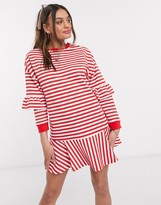 Thumbnail for your product : ASOS DESIGN Petite ruffle sweat mini dress in red and white stripe