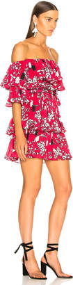 Self-Portrait Off Shoulder Pleated Floral Mini Dress in Red | FWRD