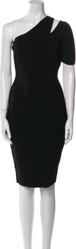 Milly Sheath Dress Black Beaded & Crystal Accents Short Sleeve with One-Shoulder Exposed Zip Closure at Back Designer