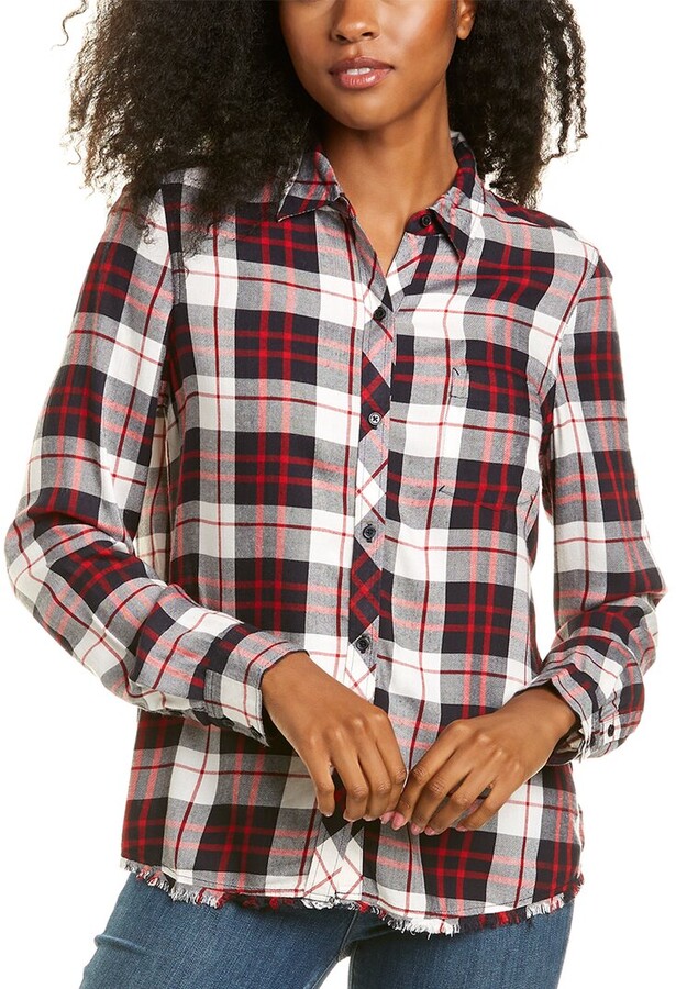Levi's Women's Selah Shirt Small Red Plaid Flannel Cropped Button Up Long Sleeve
