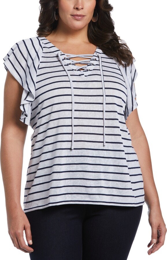Ella Rafaella Plus Size Lace-Up Flutter Short Sleeve Top
