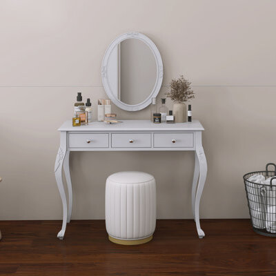 Rosdorf Park 39.4 In. Makeup Vanity Desk With Oval Mirror, 3-Drawer