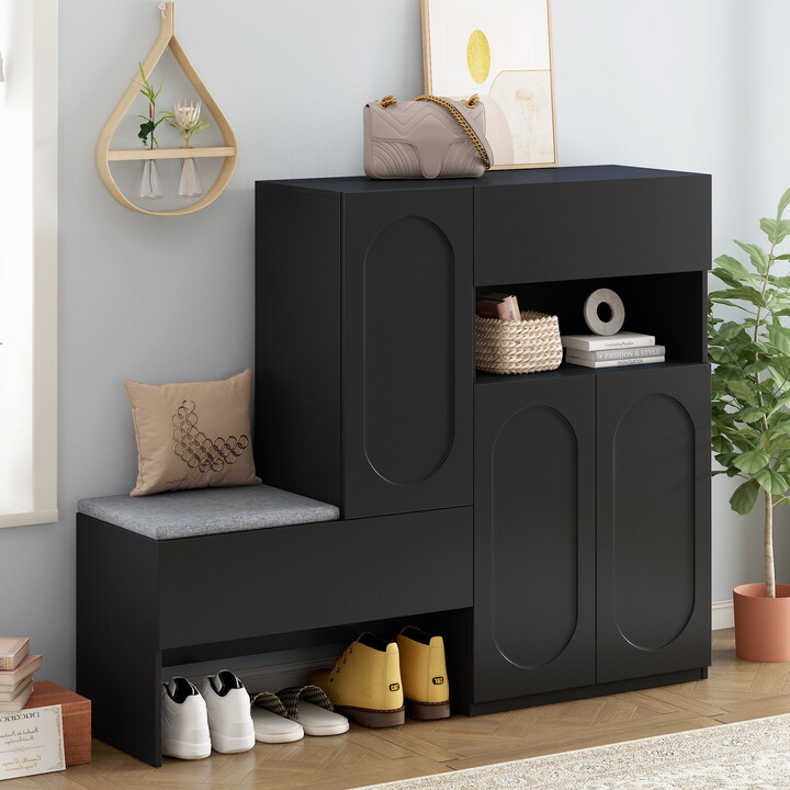 Euroco Exquisite 2-in-1 Shoe Cabinet with Adjustable Shelves and Bench for Hallway, Living Room, Black