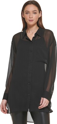 Black Chiffon Long Sleeve Blouse | ShopStyle