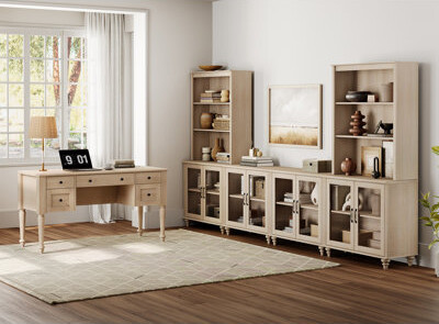 Latitude Run Farmhouse Style Desk And TV Stand Combo Set Entertainment Center With Bookshelves For Tvs Up To 75\