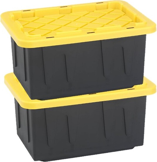 Homz 15-Gallon Durabilt Plastic Stackable Storage Organizer Container  w/Snap Lid and Hasps for Tie-Down Straps or Locks, Black/Yellow (2 Pack)