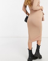 Thumbnail for your product : New Look Maternity 3/4 sleeve ribbed tie front midi dress in camel