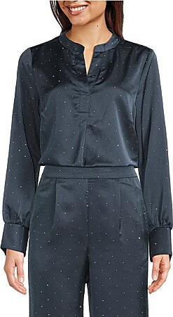 MelloDay Sequin Bling Satin Split V-Neck Long Sleeve Blouse