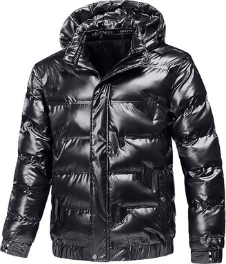 HULKAY Men's Metallic Down Puffer Bomber Jackets Hooded Shiny Short Winter Puffer  Coats Zip-up Thicken Baseball Outerwear(Black - ShopStyle