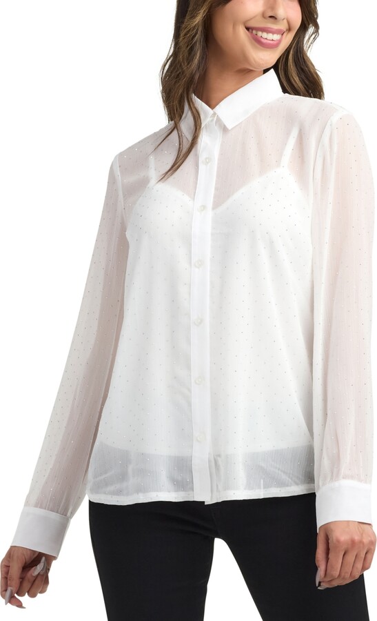 BCX Women's Studded Chiffon Long Sleeves Shirt