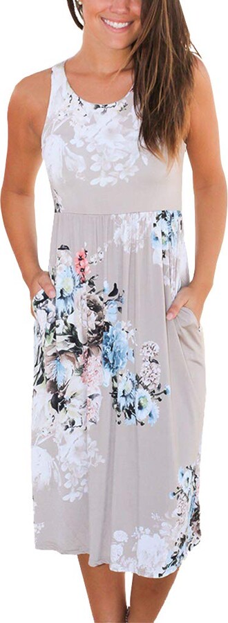OURS Women Summer Sleeveless Floral Print Racerback Midi Sun Dresses with Pocket 