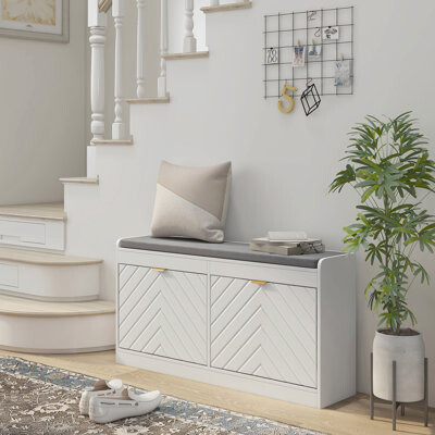 Shoe Bench, Entryway Bench With 2 Flip Drawers, Seating Cushion, And 2 Vents For 8 Pairs Of Shoes For Hallway
