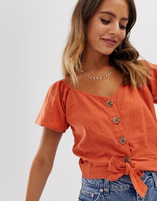 Pimkie button front top with knot detail in rust