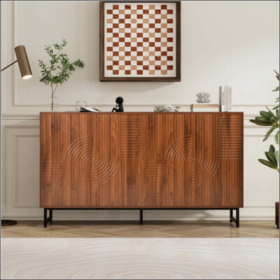 George Oliver Mid-Century Modern Sideboard Buffet Cabinet Geometric Carved Storage Cabinet With Metal Legs Multi-Purpose Credenza For Living Room Dining Room En