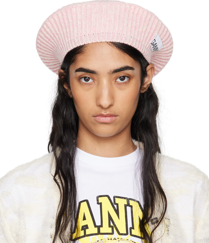 帽子 Ganni logo patch beret Ganni Logo-patch Metallic-crochet Beret - ShopStyle Hats