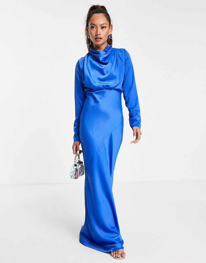 ASOS DESIGN high neck drape satin bias cut maxi dress in blue - ShopStyle