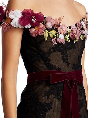 Marchesa Off-The-Shoulder Floral Applique Lace Cocktail Dress