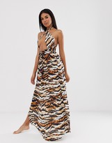 Thumbnail for your product : ASOS DESIGN DESIGN cross neck split front maxi dress in tiger animal print