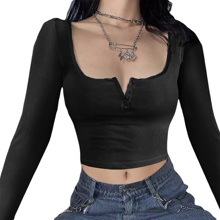 Felcia Womens Ribbed Long Sleeve T-Shirt Solid Color Slim Fit Crop Tops  Casual Basic Skinny Blouse Going Out Tops Y2k Streetwear (B-Black -  ShopStyle