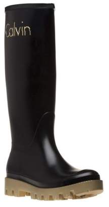 Calvin Klein New Womens Black Eliza Rubber Displaced Logo Boots Knee-High Pull