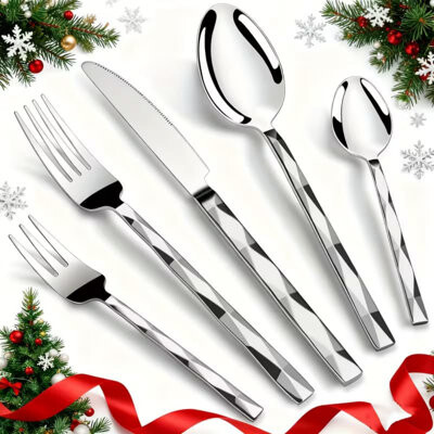 Hokku Designs 30pcs Elegant Flatware Set For 6 - Premium Stainless Steel Cutlery With Diamond Pattern Includes Knives Forks Spoons - Mirror Polished Dishwasher