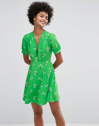 ASOS DESIGN Short Sleeve Floral Tea mini dress with Zip Detail