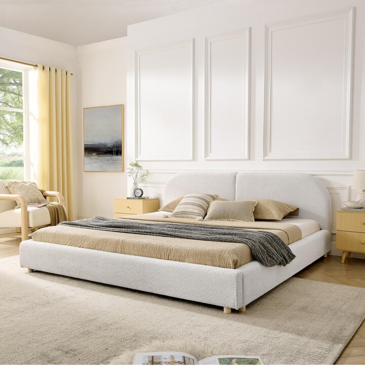 Streamdale Furniture King Size Beige Upholstered Bed Frame with Curved Headboard