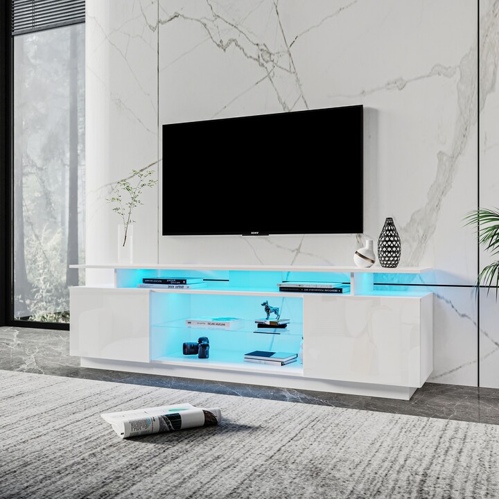 NINEDIN White LED TV Console for 80" TV Stands High Glossy Front TV