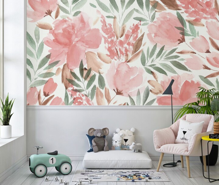 Flowers Wallpaper, Watercolor Pastelcolors Easy Removable Vintage Floral Wall Mural