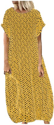 IIYUO Women Plus Size Dress Pockets O-Neck Polka Dot Printing Short Sleeve Maxi Dress Female Casual Long Dresses Brown