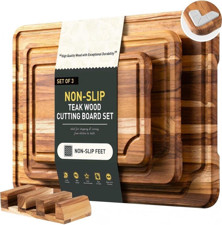 Wudkey 17 in. Teak Wood Cutting Board Set, Thick Heavy Duty Chopping & Charcuterie Boards, Non-Toxic Non-Slip, Over Sink Use