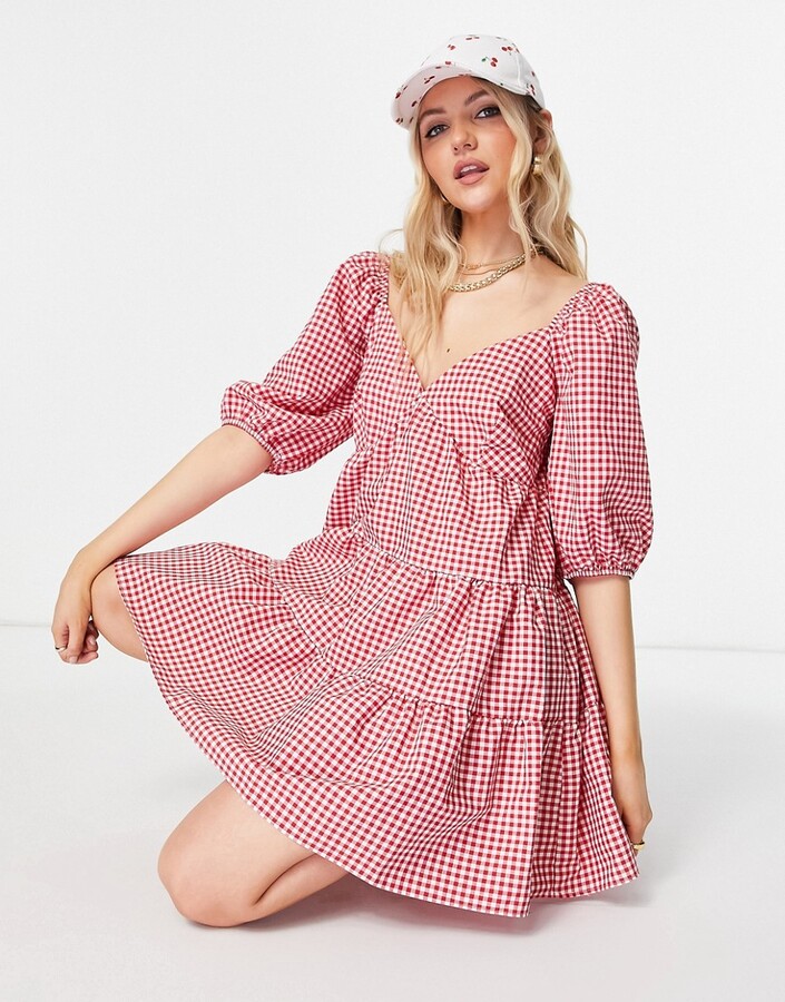 ASOS DESIGN tiered babydoll mini smock dress in red and white gingham -  ShopStyle